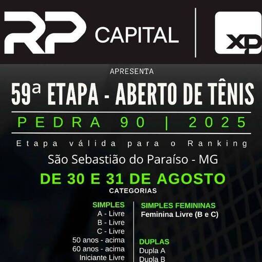 Event cover 59 Aberto de Tnis 2025 - Pedra 90 - So Sebastio do Paraso - Agosto 25