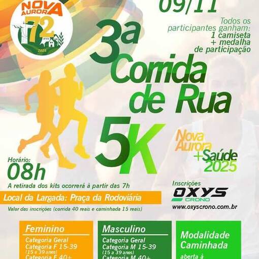 Portada del evento 3� Corrida de Rua 5K NOVA AURORA +Sa�de 2025