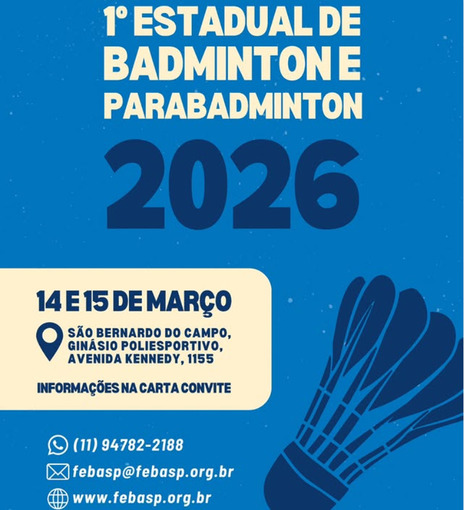 Portada del evento FEBASP - 1� Etapa Estadual de Badminton das categorias aberta e jovens e 1� Etapa de Parabadminton do ano. 15/03/2026