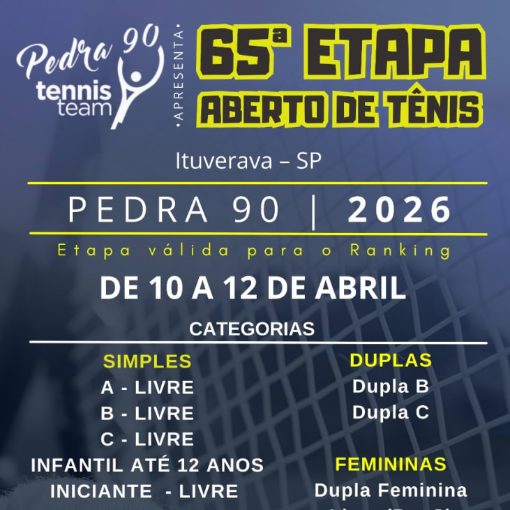 Event cover 65� Aberto de T�nis 2026 - Pedra 90 - Ituverava - Abril 26
