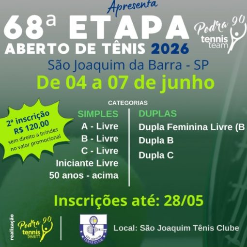 Capa do evento 68� Aberto de T�nis 2026 - Pedra 90 - S�o Joaquim - Junho 26  