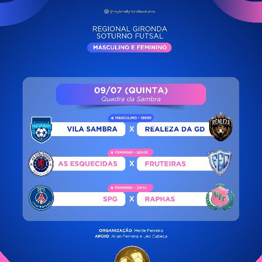 Event cover Regional Gironda Soturno Futsal Masculino e Feminino ( Vila Sambra vs Realeza da GD / As Esquecidas vs Fruteiras / SPG vs Raphas )