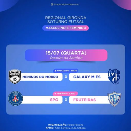 Event cover Regional Gironda Soturno de Futsal Masculino e Feminino ( Meninos do Morro vs Galaxy M ES / SPG vs Fruteiras )