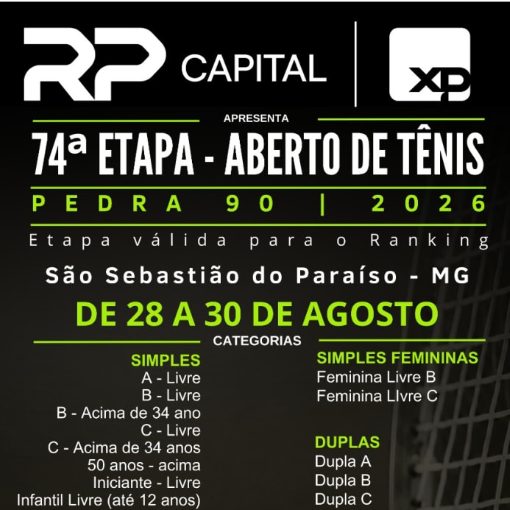 Event cover 74º Etapa - Aberto de Tênis - Pedra 90 - São Sebastião do Paraíso 2026