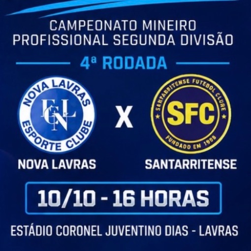 Naslovnica dogodka NOVA LAVRAS X SANTARRITENSE - CAMPEONATO MINEIRO PROFISSIONAL SEGUNDA DIVISÃO - 10/10 16H